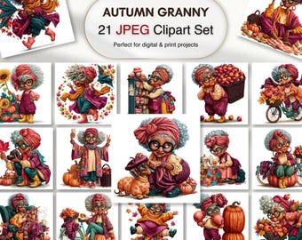 Whimsical Autumn Granny Clipart Bundle | Funny Grandma JPEGs for Cozy Fall Decor (Digital Download)