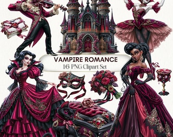 May include: A digital clipart set titled VAMPIRE ROMANCE 16 PNG Clipart Set featuring gothic illustrations of a castle, two figures in burgundy formal attire, a ballerina, a black cat, a masquerade mask, a rose bouquet, and a goblet.