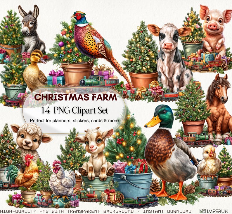 Christmas Farm Animals Clipart: Rustic Holiday PNG Stickers (digital ...