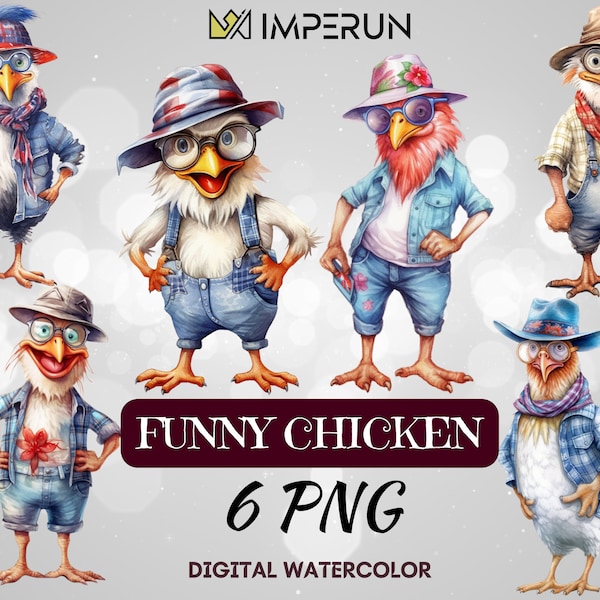 Funky and Fearless Chicken Watercolor Clipart Set - 6 PNG Illustrations, Glasses, Outfits, Village, Farm, Animal, Chicken Print, Agriculture