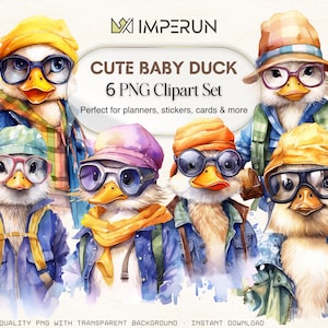 Duckling Clipart Set – Cute Baby Ducks in Outfits and Glasses, 6 Watercolor PNG Illustrations, Farm Animal Clipart, Digital Download
