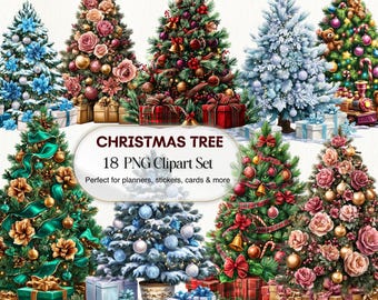 Paquete de imágenes prediseñadas de árboles de Navidad: Ilustraciones PNG festivas (descarga digital)