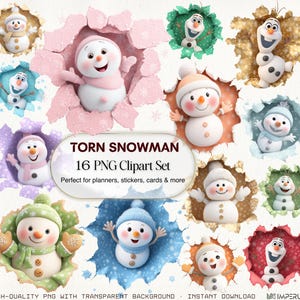 May include: A collection of 16 PNG clipart images featuring cartoon snowmen. Each snowman is depicted in a unique pose and color scheme, emerging from a torn paper effect. The text "TORN SNOWMAN 16 PNG Clipart Set" is visible.
