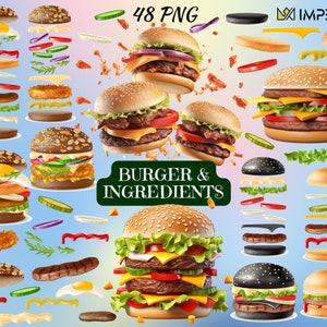 Burger and Ingredient Clipart Set – 3D Realistic Hamburger PNG, Fast Food Digital Illustrations, Commercial Use