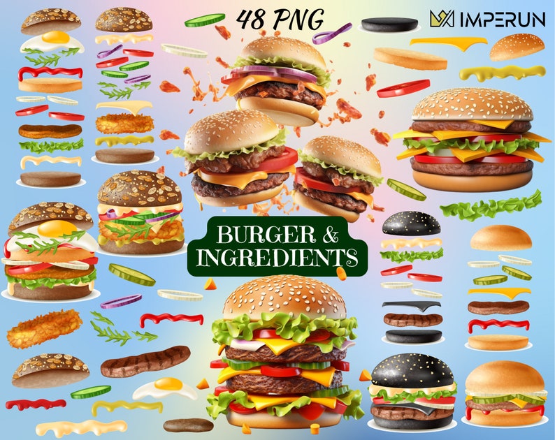 May include: A collection of 48 realistic digital illustrations of a burger and its ingredients. The images include a variety of toppings, buns, and patties, as well as lettuce, tomato, onion, pickles, cheese, and sauce. The images are perfect for use in digital design projects, such as websites, social media, and marketing materials.