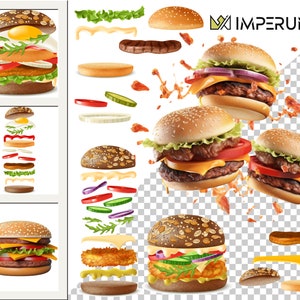May include: A close-up of a hamburger with lettuce, tomato, cheese, and a sesame seed bun. The hamburger is surrounded by other ingredients, including a patty, cheese, lettuce, tomato, onion, and pickles. The image is set against a white background with the text "IMPERUN" in the top right corner.