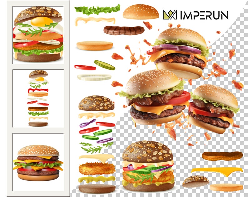 May include: A close-up of a hamburger with lettuce, tomato, cheese, and a sesame seed bun. The hamburger is surrounded by other ingredients, including a patty, cheese, lettuce, tomato, onion, and pickles. The image is set against a white background with the text "IMPERUN" in the top right corner.