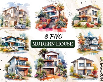 Modern Homes Watercolor Clipart: Architecture PNG Set (Digital Download)