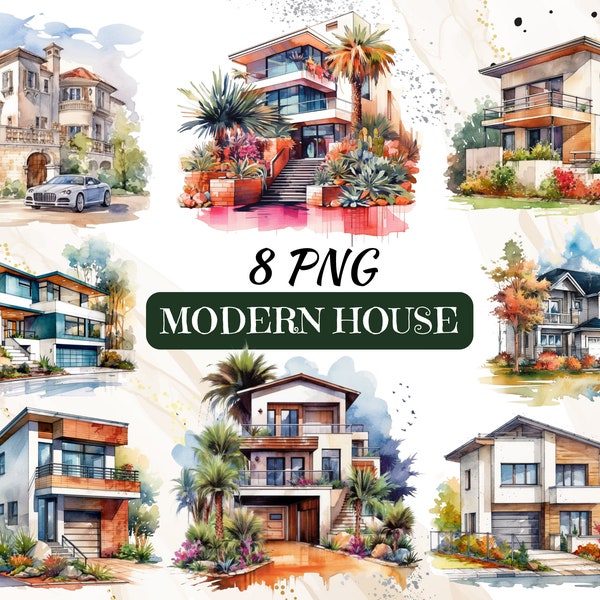 Modern Homes Watercolor Clipart Set, 8 PNG, Home decor, Architecture Art, Buildings, Contemporary Houses, Home, Flat, Realtor