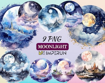 Lunar Landscape Clipart Set – Celestial Watercolor PNG, Moon Phases, Galaxy Art, Supermoon Digital Download