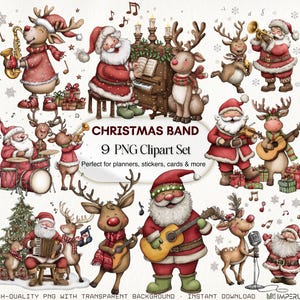 Op de afbeelding: Een verzameling kerst-thema clipart met de kerstman en rendieren die muziekinstrumenten bespelen. De set bevat een verscheidenheid aan muziekinstrumenten, zoals een saxofoon, piano, drums en gitaar. De tekst "CHRISTMAS BAND" en "9 PNG Clipart Set" zijn ook inbegrepen.