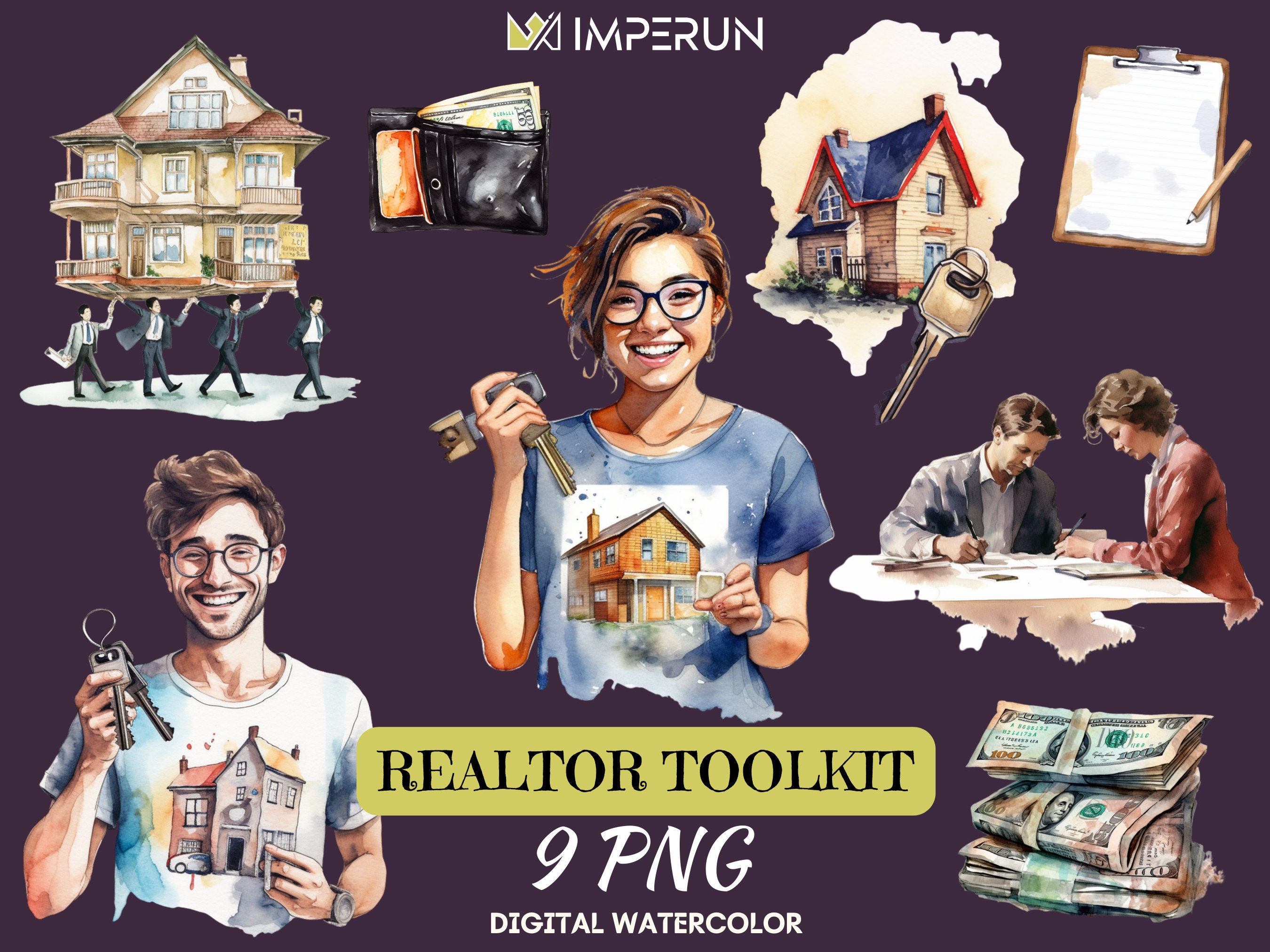 Realtor Essentials Watercolor Clipart Set, 9 PNG, Real Estate, House ...
