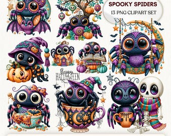 Kawaii Halloween Spider Clipart | Spooky 13 PNG Bundle with Witch & Pumpkin Spiders (Digital Download)