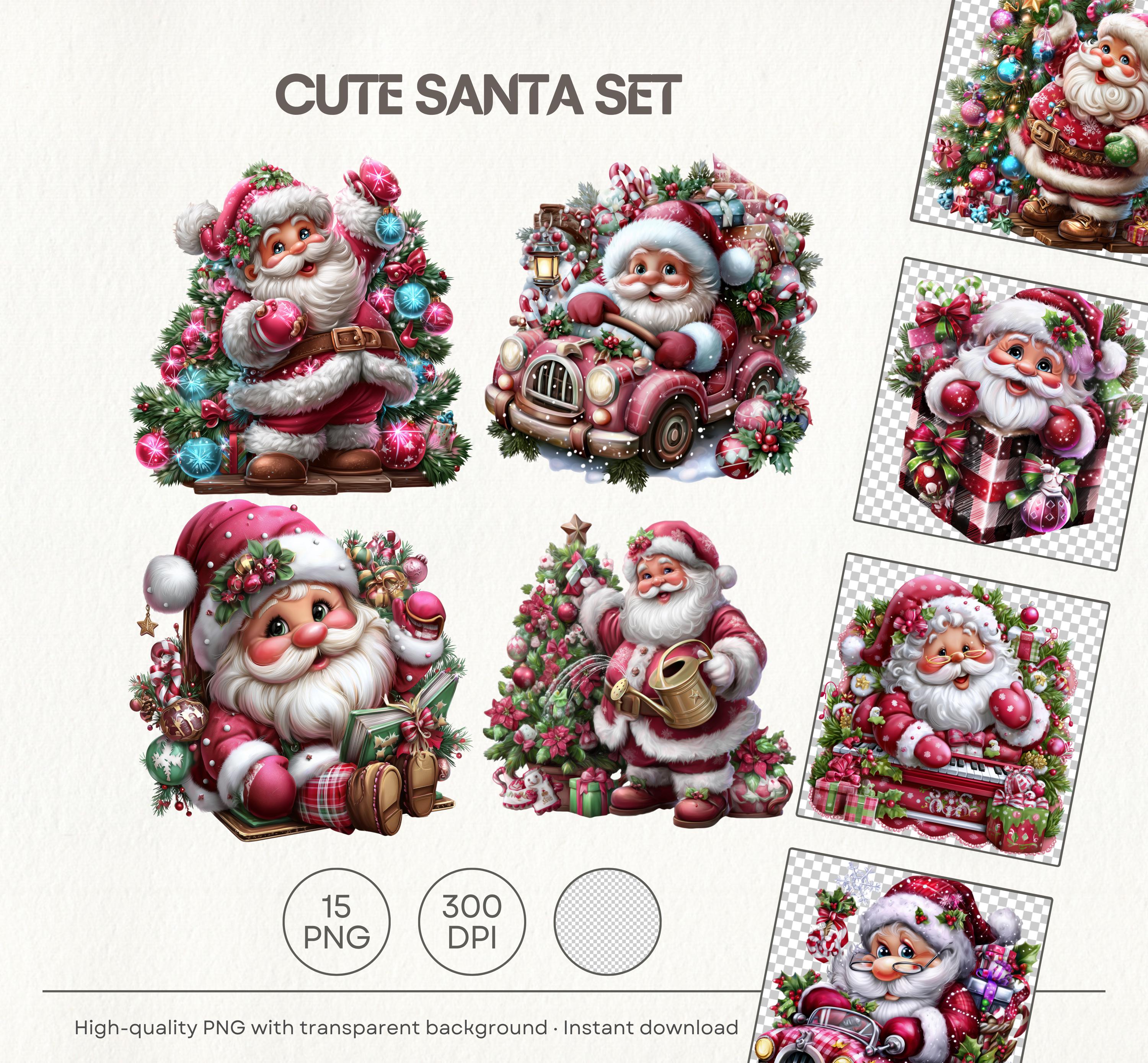 Pink Santa Clipart Set, Kawaii Christmas PNG Bundle (15 Files) - Etsy
