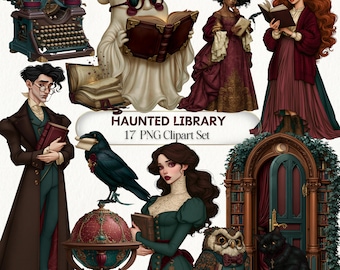 May include: A digital clipart set titled HAUNTED LIBRARY 17 PNG Clipart Set featuring a vintage typewriter, a ghost reading a book, various characters in period clothing, a raven, a globe, an owl, a black cat, and an arched library doorway.