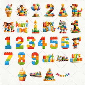 Bright Birthday Party Clipart — 50 PNG files inspired by colorful toy block style. Includes festive decorations like numbers, candles, cupcakes, gifts, balloons, fireworks, children characters, cars, and cakes. Great for kids’ birthday cards, invitations, digital scrapbooking, printable crafts, and party supplies design.