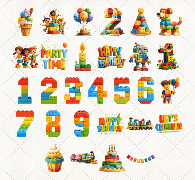 Bright Birthday Party Clipart — 50 PNG files inspired by colorful toy block style. Includes festive decorations like numbers, candles, cupcakes, gifts, balloons, fireworks, children characters, cars, and cakes. Great for kids’ birthday cards, invitations, digital scrapbooking, printable crafts, and party supplies design.