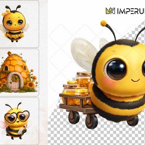 May include: A cartoon illustration of a cute bee with large eyes, black and yellow stripes, and a small cart filled with jars of honey. The bee has a smiling expression and is carrying the honey. The image has a whimsical and cheerful theme.