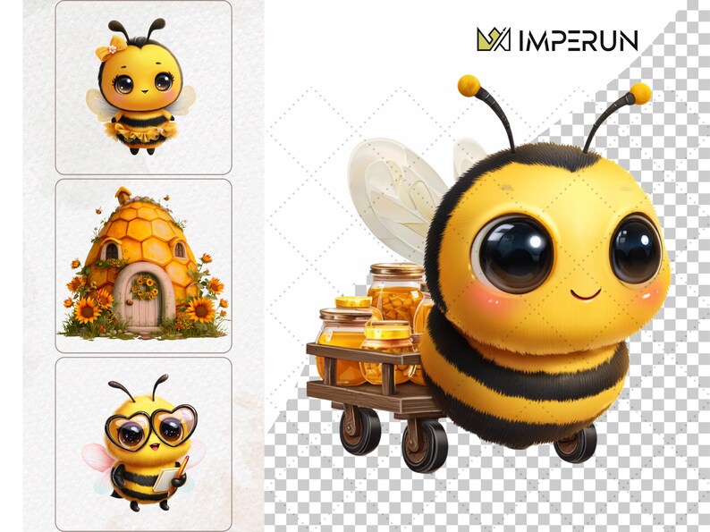 May include: A cartoon illustration of a cute bee with large eyes, black and yellow stripes, and a small cart filled with jars of honey. The bee has a smiling expression and is carrying the honey. The image has a whimsical and cheerful theme.