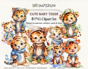 Watercolor Tiger Cub Clipart Set – 8 PNG Illustrations (Digital Download)