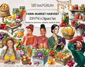 Set di clipart del mercato agricolo: illustrazioni di cibo raccolto ad acquerello (PNG, download digitale)
