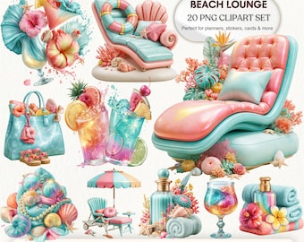 Tropical Beach Lounge Clipart PNGs | Summer Pool Party Planner Graphics (Digital Download)