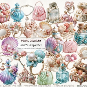 May include: A collection of pearl jewelry clipart in pastel colors, including necklaces, rings, purses, and perfume bottles. The image includes the text "PEARL JEWELRY 36 PNG Clipart Set" and is described as perfect for planners, stickers, cards & more.