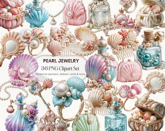 Pearl Jewelry Clipart PNG, Coastal Mermaid Shell Bundle (Digital Download)