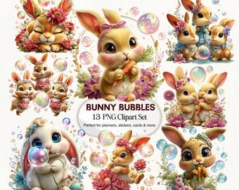 Bunny Clipart PNG - Adorable Rabbits with Bubbles for Nursery, Stickers and Crafts