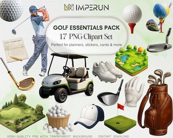 Golf Clipart Set: Golf Cart, Ball, Clubs (Instant Download PNGs)
