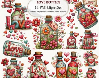 Valentine Bottle Clipart 14 PNG Set, Romantic Love Jars and Hearts for Decor
