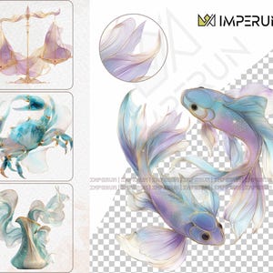 May include: Digital art featuring two stylized fish in shades of blue, purple, and gold. The fish have flowing fins and tails, with intricate details. The image also includes illustrations of a crab, scales, and a vase.