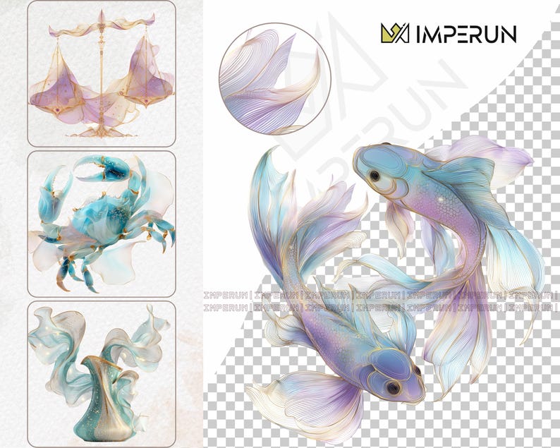 May include: Digital art featuring two stylized fish in shades of blue, purple, and gold. The fish have flowing fins and tails, with intricate details. The image also includes illustrations of a crab, scales, and a vase.