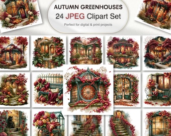 May include: A digital collection of 24 JPEG images featuring autumn greenhouses, garden structures, and seasonal foliage. The artwork displays various architectural scenes with red and orange leaves, pumpkins, and floral elements in a watercolor style.