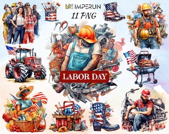 Labor Day Clipart Bundle – Patriotic Watercolor PNG Illustrations (Digital Download)