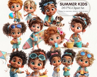 Summer Kids Clipart PNG, Beach Children Characters for Stickers and Nursery, Baby Graphics