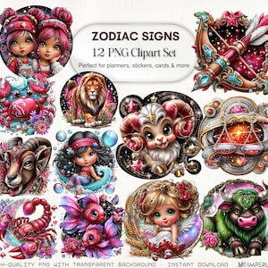 Zodiac Signs Clipart Set, Astrology 12 PNG Bundle, Horoscope Symbols Art