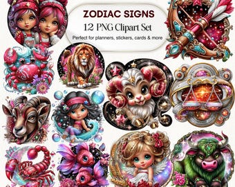 Zodiac Signs Clipart Set, Astrology 12 PNG Bundle, Horoscope Symbols Art