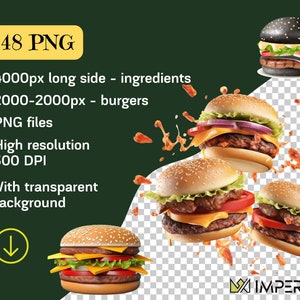 May include: 48 high-resolution PNG files of burgers and ingredients. The burgers are 2000x2000 pixels and the ingredients are 4000 pixels on the long side. The images have a transparent background and are 300 DPI.