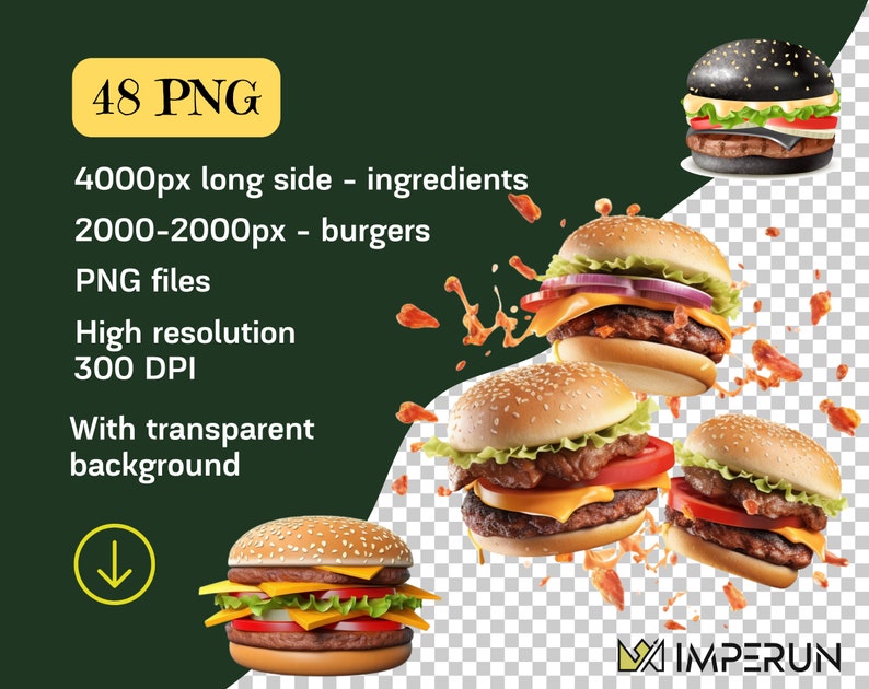 May include: 48 high-resolution PNG files of burgers and ingredients. The burgers are 2000x2000 pixels and the ingredients are 4000 pixels on the long side. The images have a transparent background and are 300 DPI.