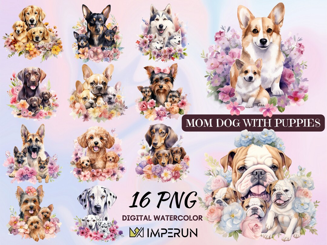 Dog Mom and Puppies, Watercolor Clipart, Beautiful Canine Mothers ...