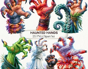 May include: A digital collection of six distinct monster hand illustrations labeled HAUNTED HANDS 21 PNG Clipart Set. The set features a furry hand, a lava-textured hand, a tentacle arm, a green zombie hand, a ghost hand, and a clown hand.