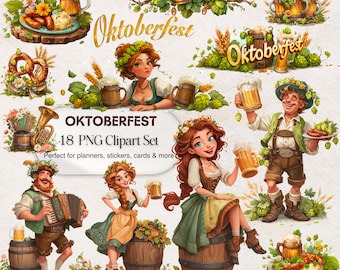 Oktoberfest Clipart, 18 PNG, Beer Festival Illustrations, Transparent Background, Bavarian Costume Art, Commercial Use