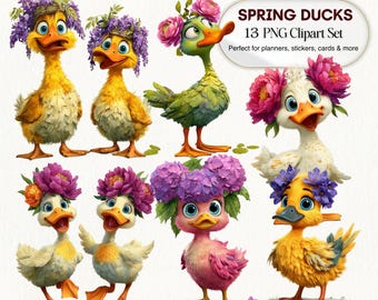 Spring Duck Floral Watercolor Clipart, Baby Ducklings with Flowers (Digital Download)