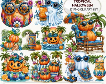 Halloween Clipart PNG Bundle | Tropical Pumpkins & Beach Ghosts Design (Digital Download)