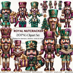 May include: A collection of colorful nutcracker soldier clipart in shades of green, burgundy, and gold. The text "ROYAL NUTCRACKER 20 PNG Clipart Set" is displayed. These decorative figures are perfect for planners, stickers, and cards.