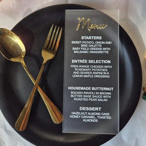 Carte de menu en acrylique, menu de mariage, carte de menu de mariage en acrylique, carte de menu de fête, carte de réception de mariage en acrylique, carte de menu dorée, menu argenté.