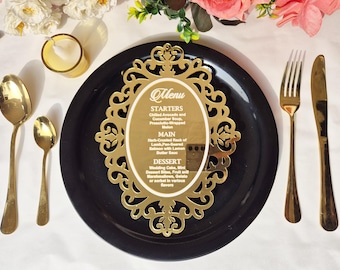 Custom Acrylic Wedding Menu Card, Clear Table Decor, UV Printed Mirror Gold (4x9 inches)