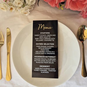 Carte de menu en acrylique, menu de mariage, carte de menu de mariage en acrylique, carte de menu de fête, carte de réception de mariage en acrylique, carte de menu dorée, menu argenté.