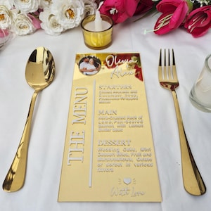 Carte de menu en acrylique, menu de mariage, carte de menu de mariage en acrylique, carte de menu de fête, carte de réception de mariage en acrylique, carte de menu dorée, menu argenté.